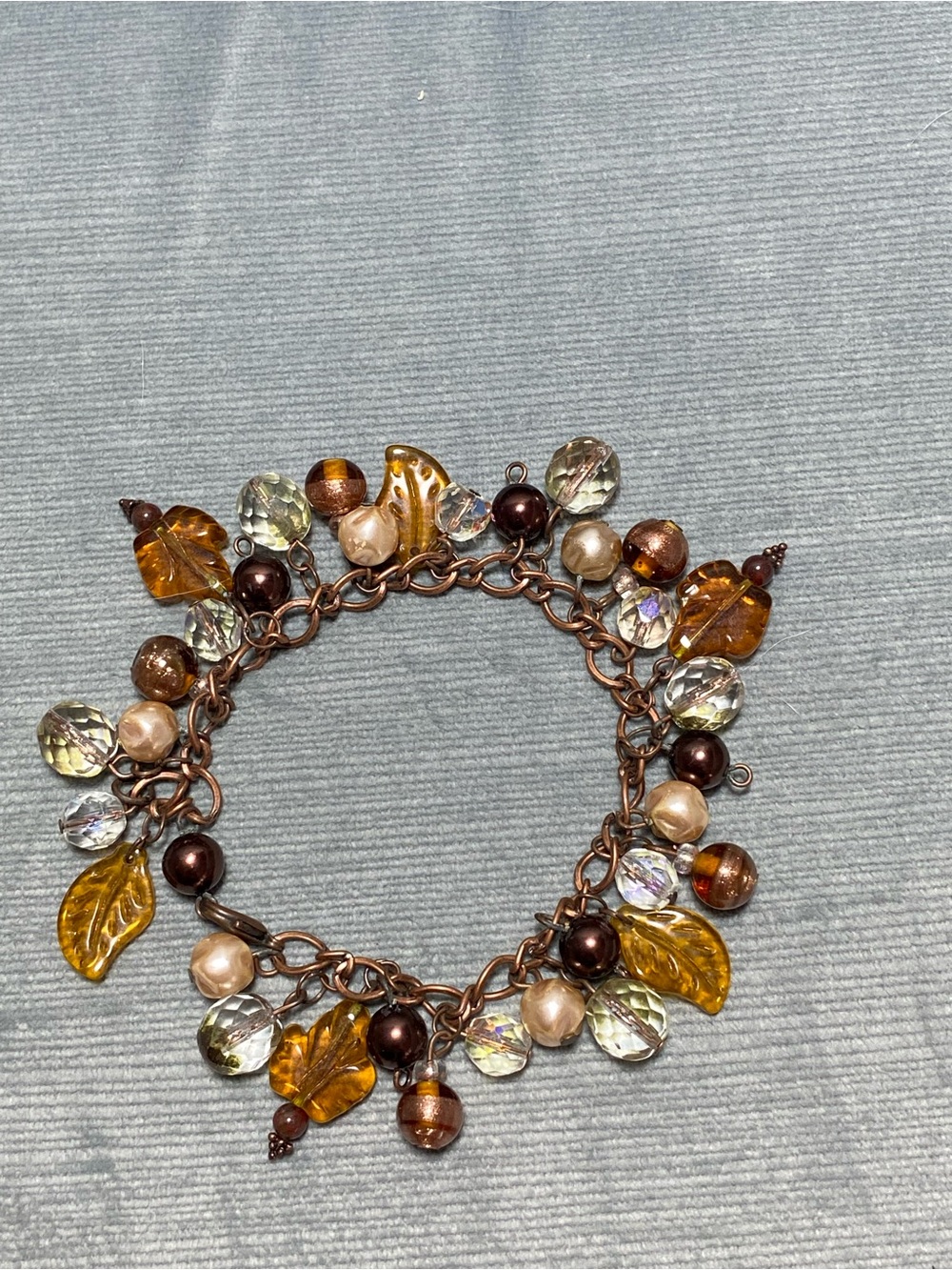 Artisan crafted Glass Amber Leaf and Crystal Charm Bracelet on Copper Chain